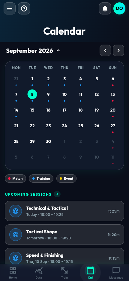 AthletIQ mobile app calendar showing a player's upcoming training sessions